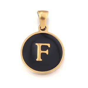 Stainless steel round letter F pendant with black enamel inlay minimalist DIY accessory detail