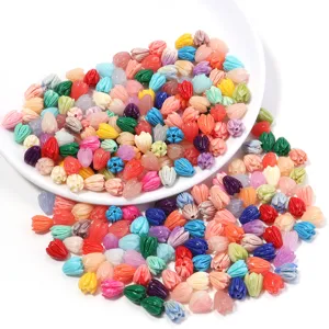 Colorful tulip shell beads details, 7x9mm flower charms for DIY jewelry making and crafts.