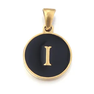 Stainless steel letter I pendant, minimal black enamel round charm for DIY jewelry making.