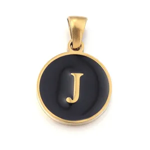 Stainless steel round letter J pendant minimal black enamel gold tone jewelry detail shot