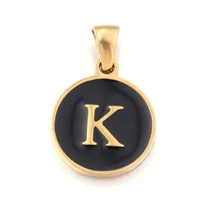 Detailed view of gold stainless steel letter K pendant with black enamel minimalist charm.