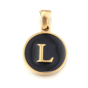 Stainless steel letter L pendant, minimalist black enamel gold round charm for DIY jewelry.