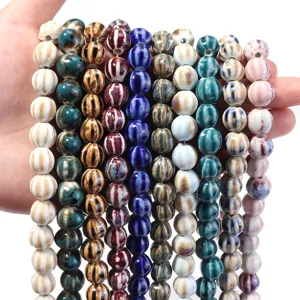 Ceramic pumpkin beads bulk for DIY jewelry making, colorful glazed round spacer beads.