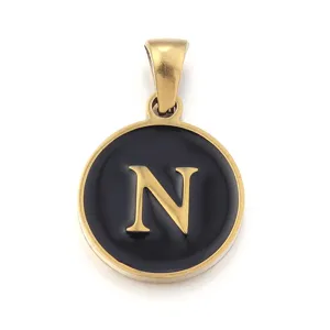 Stainless steel round letter N pendant with black enamel minimalist DIY jewelry accessory.
