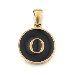 Close-up detail shot of a gold stainless steel letter O pendant with black enamel inlay.