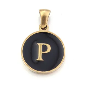 Close-up detail of a round stainless steel letter P pendant with black enamel and gold finish.