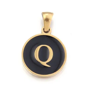 Stainless steel letter Q pendant, black enamel round charm for DIY jewelry making accessories.