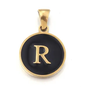 Stainless steel letter R pendant gold black enamel charm DIY jewelry accessory making 1pc