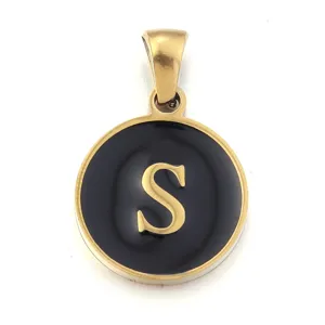 Stainless steel round letter S pendant, black enamel gold rim DIY jewelry accessory for necklace.