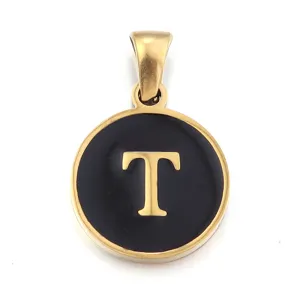 Stainless steel letter T pendant black enamel round DIY jewelry accessory charm necklace