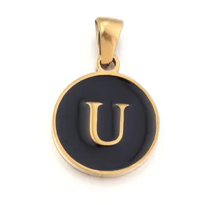 Stainless steel initial pendant, detailed close-up of letter U with black enamel finish.