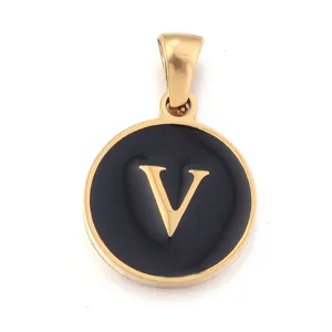 Detailed shot of gold stainless steel round letter V pendant with black enamel accessory.