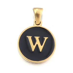 Close-up detail of the gold and black letter W stainless steel round pendant charm.