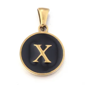 Gold stainless steel letter X pendant necklace charm with black enamel design detail accessory.