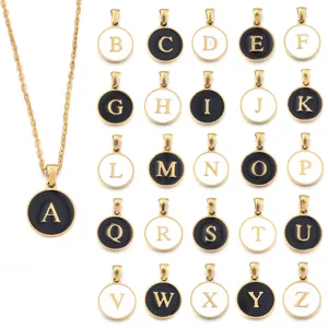 Stainless Steel Round English Letter Pendant Black White Drip Glue Gold Border Initial Charm For DIY Jewelry Making Accessories
