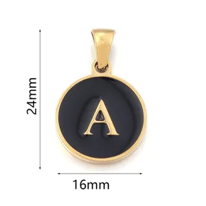 Stainless steel round pendant necklace with black enamel and gold letter A fashion jewelry.