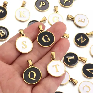 Stainless steel letter pendants round black white initial charms DIY jewelry making