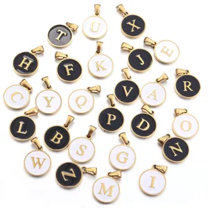 Stainless steel round letter pendant black and white enamel DIY alphabet jewelry making accessories