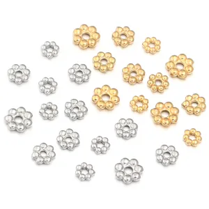 Close-up details of stainless steel flower shape metal spacer beads for DIY jewelry making
