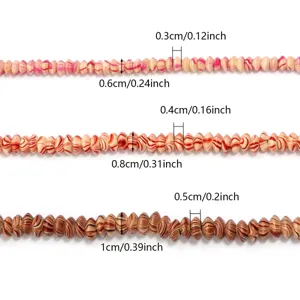 Water-ripple wood beads detail view showing three different sizes with precise measurement lines.