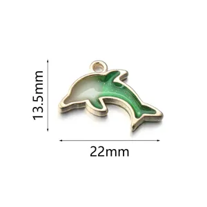 Detailed close-up view of green enamel dolphin alloy pendant charm with dimension specs for DIY jewelry crafts.