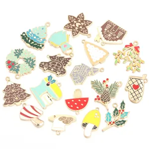 Christmas enamel alloy charms detail close-up, colorful DIY pendant accessories for necklace.