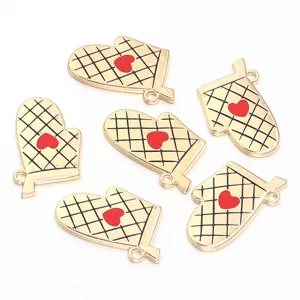 Gold tone alloy oven mitt charms with red heart, enamel jewelry findings for DIY crafts.