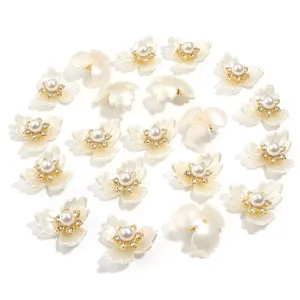 DIY resin flower charms with pearl and rhinestones, white craft embellishments for phone cases.