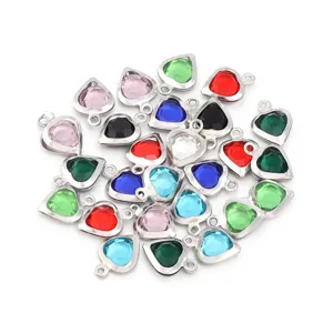 Colorful heart crystal pendant DIY jewelry components with steel bezel charms for necklaces.