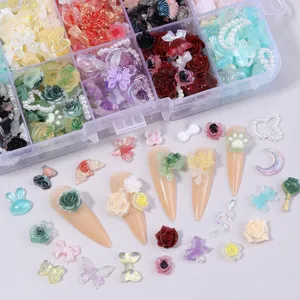 Resin nail art charms mix styles flower butterfly bear DIY decoration and storage box details.