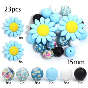 Cuentas de silicona 23pzs 15mm margarita estampado floral cuentas sueltas para joyería DIY.