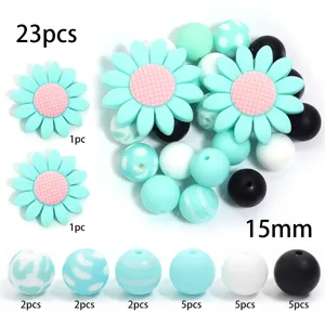 Set de cuentas silicona DIY con girasol y cuentas redondas, ideal para pulseras y joyas hechas a mano.