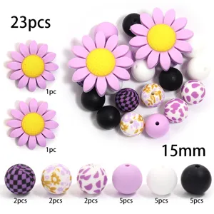 Set 23pcs cuentas de silicona 15mm girasol margarita floral y cuentas redondas para hacer joyas