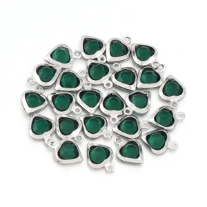 Green crystal heart pendant charms steel edged DIY jewelry making accessories details
