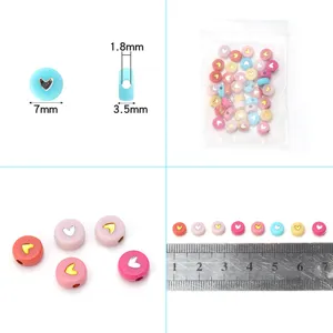 Acrylic colorful flat round beads with electroplated gold silver heart for DIY jewelry making.