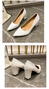 White pointed toe chunky heel pump shoe detail view, elegant office footwear angle