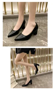 Detailed shot of women's black pointed toe chunky high heels showcasing elegant design.