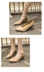 Beige pointed-toe chunky heel women pumps, elegant shallow design for daily wear and work.