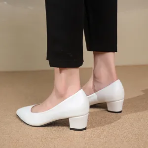 Detailed shot of elegant white pointed toe block heel pumps for women, stylish footwear.