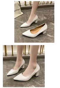 Women White Pointed Toe Chunky High Heel Pumps Fashion Casual Dress Shoes New