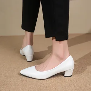 Women's White Pointed Toe Chunky Low Heel Pumps Autumn Casual Dress Shoes Elegant Footwear