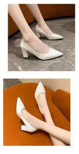 Women's white pointed-toe block heel dress pumps, stylish textured upper, comfortable fit.