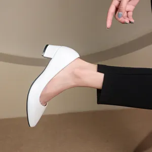 Elegant white pointed-toe block heel pumps for women, comfortable daily wear shoes.