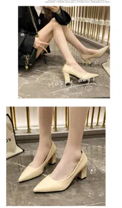 Women's pointed toe block high heels slip on dress shoes solid color elegant footwear.