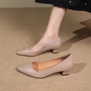 Close-up detail of women's nude pointed toe chunky mid heel pumps shoes elegant style.