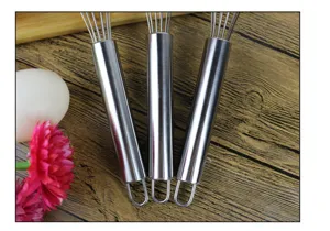 Detail view of 8-inch stainless steel manual wire whisk kitchen tool and egg prop close-up