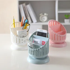 Boîte de Rangement de Bureau en Plastique Texture Tissée Porte-Stylo Multifonctionnel Rond Organisateur de Bureau pour Bureau Étude Salon