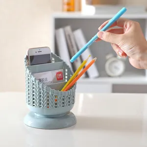 Porte-stylo de bureau tissé minimaliste avec organisateur rotatif multi-compartiments.