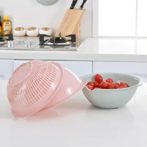 European style double layer drain basket, kitchen fruit washing basin and colander set, plastic.