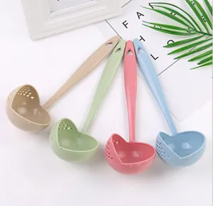 Wheat Straw Long Handled Soup Spoon And Colander Dual Use Hot Pot Spoon Plastic Rice Porridge Spoon Kitchen Gadget